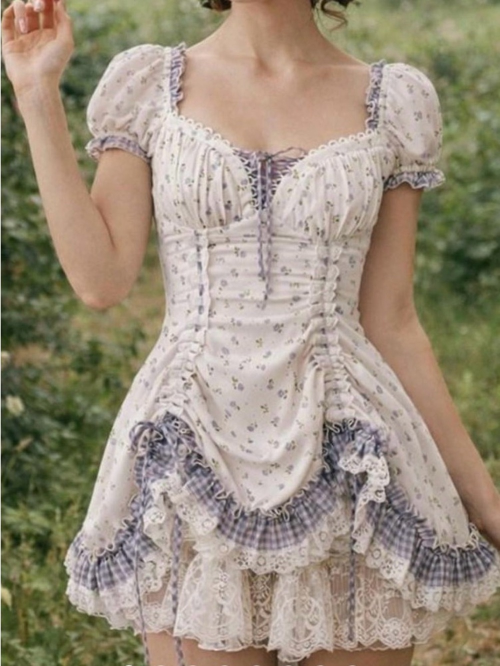 Lacemade Peter Rabbit Puff Sleeve Mini Dress in Light Lavender Floral